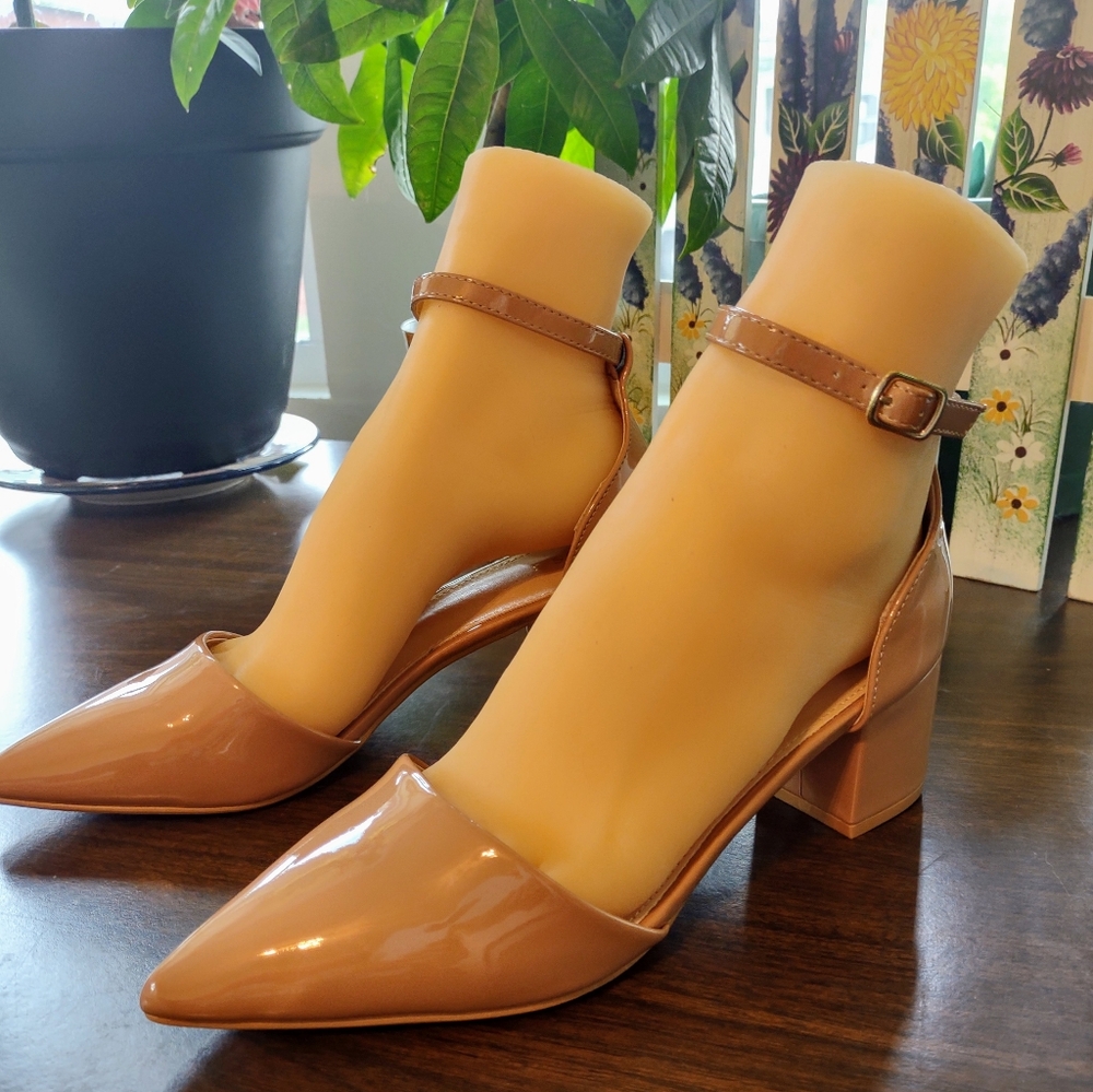 Allegra K Glossy Taupe Ankle Strap Heels